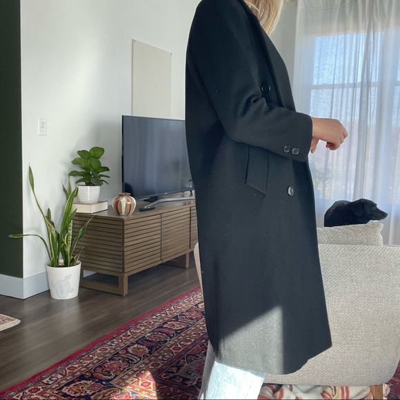 Black Wool Coat Vintage Long Jacket Double Breasted Collared by Jones New York S - Picture 8 of 9